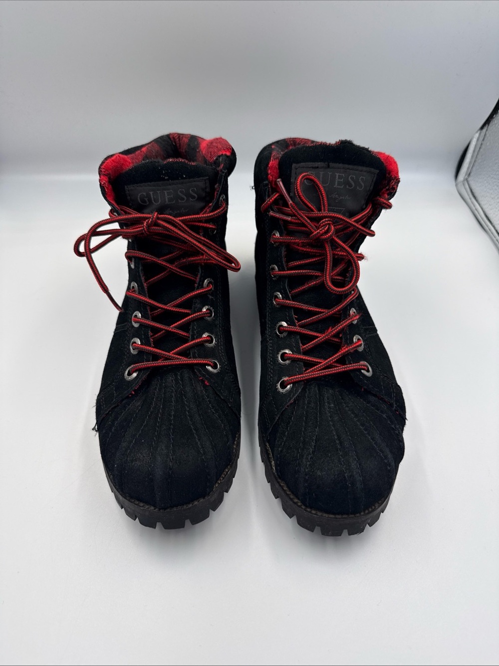 GUESS Men's Black Suede Boots with Red Accents